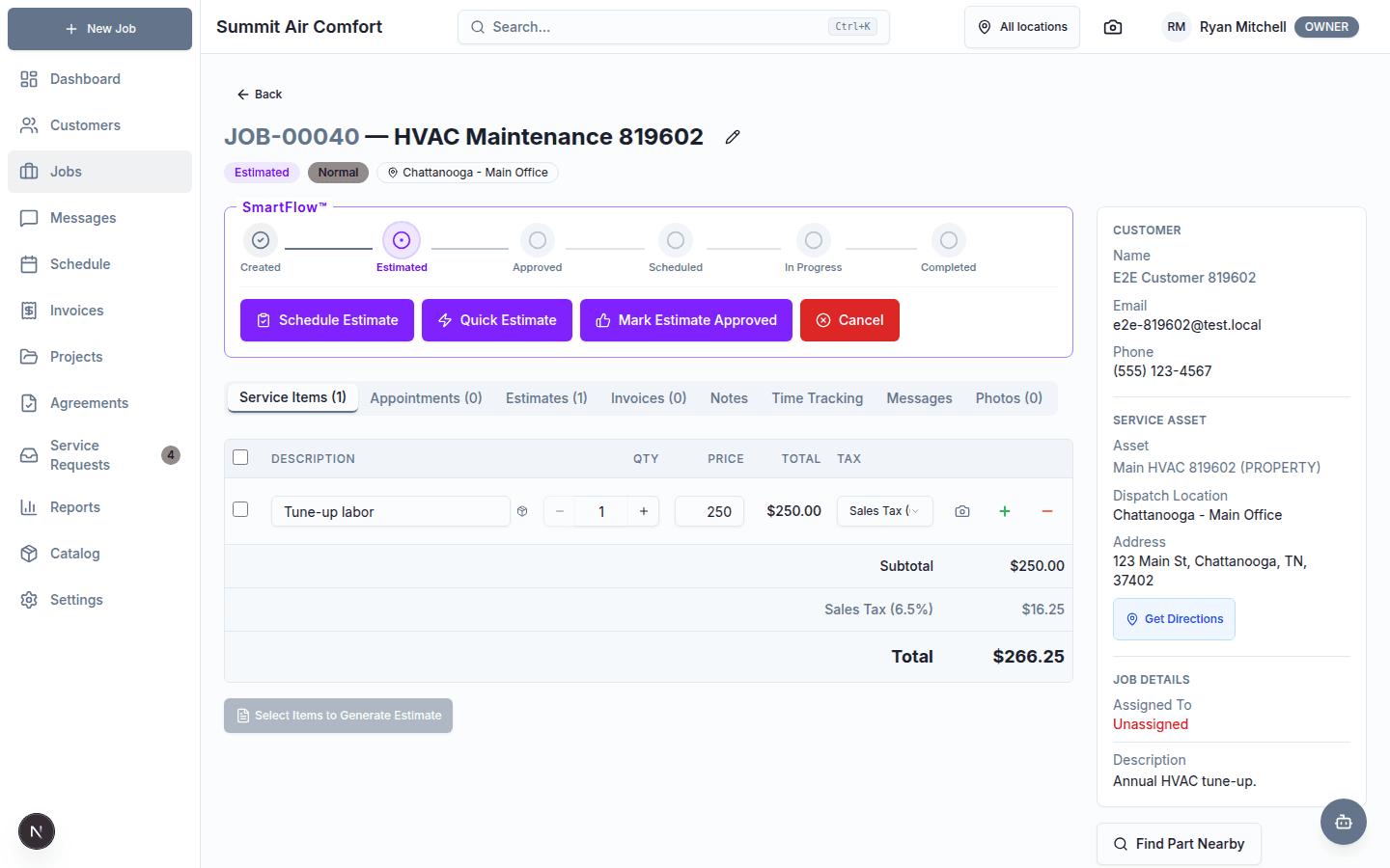 SmartFlow on a job detail page, surfacing context-aware action buttons for the current job state